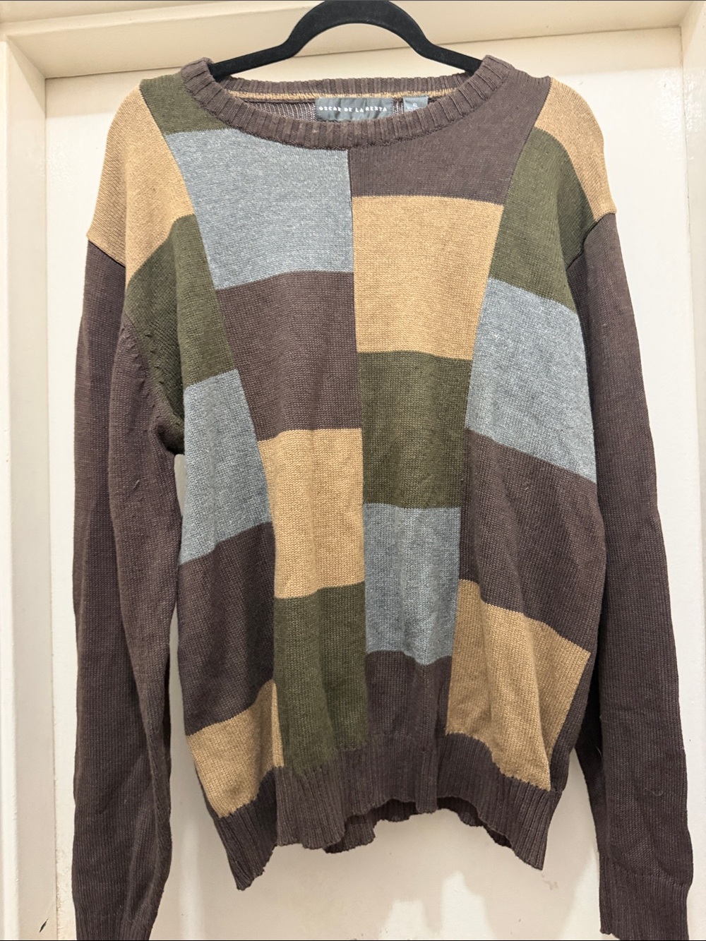 Oscar de la Renta Brown, Olive, Tan & Gray Colorblock Long Sleeve Sweater